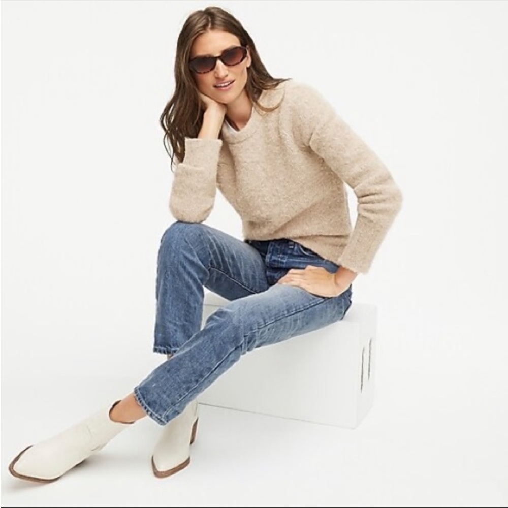 J. Crew Puff Sleeve Tan Fuzzy Crewneck Sweater Sz S EUC